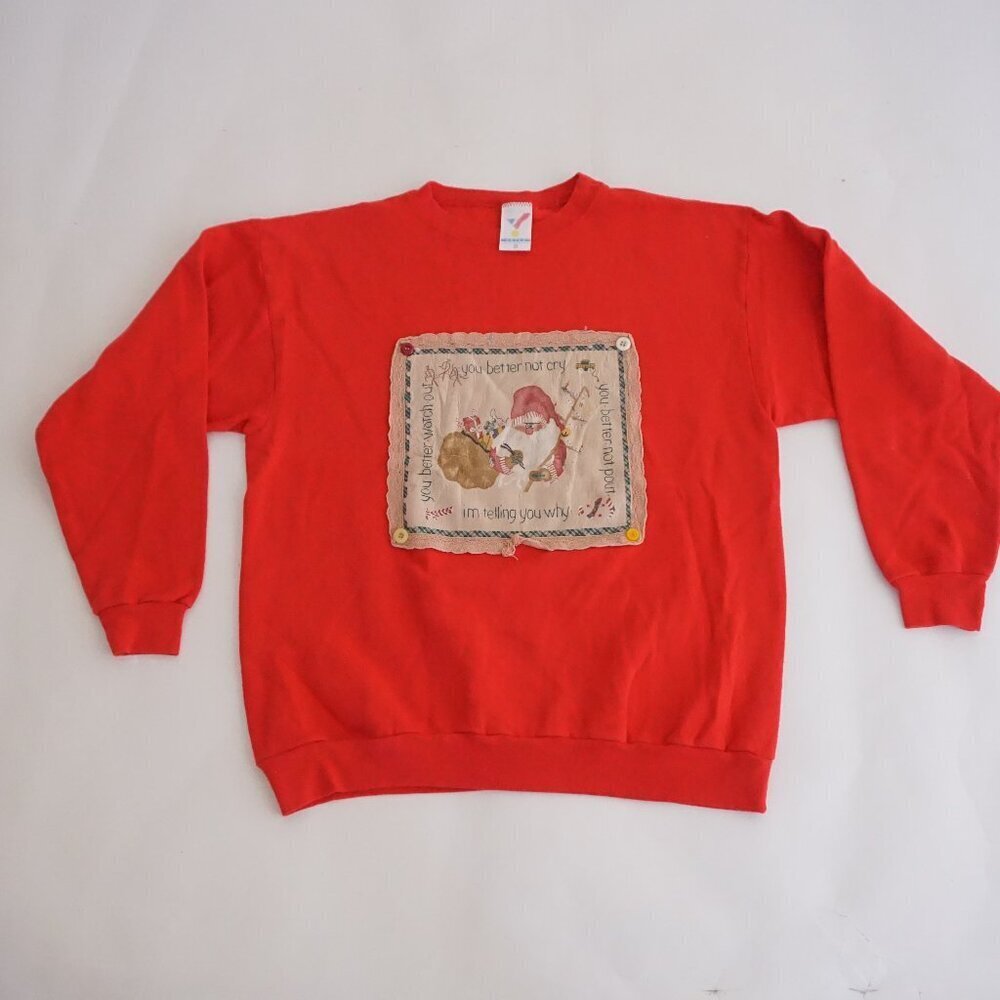 Vintage Artex Red Knit Santa Patch You Better Not Cry Holiday Sweatshirt XL